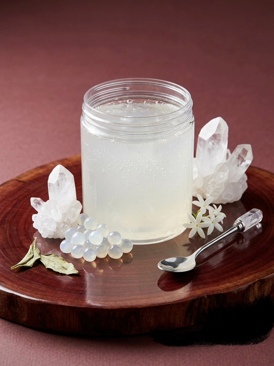 Clear Slime in a jar with crystals and white flowers