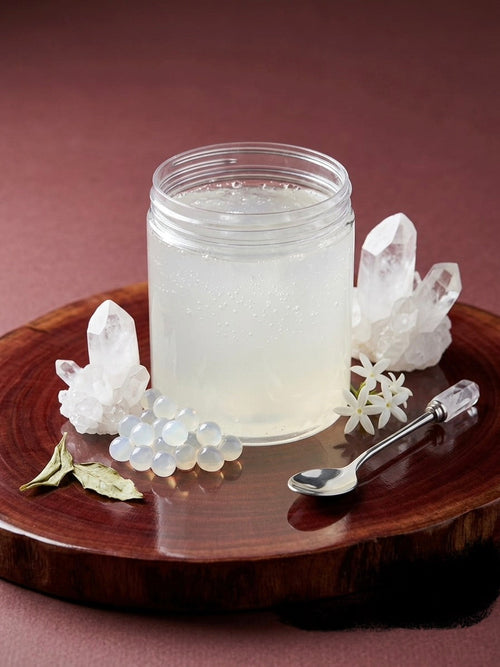 Clear Slime in a jar with crystals and white flowers